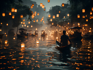 Solitary gondolier amidst floating lanterns in a serene evening ritual. - obrazy, fototapety, plakaty