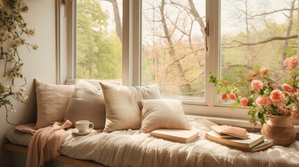 Fototapeta premium Gentle pillows, blankets, and fabrics by a cozy daytime spring windowsill