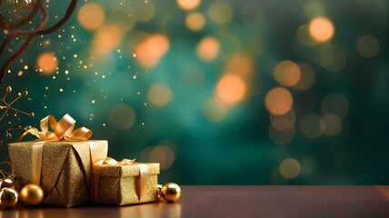Elegantly arranged two gifts by the Christmas tree branches on the wooden tabletop, left. Bokeh effect in the background. Side view.Christmas banner with space for your own content. - obrazy, fototapety, plakaty