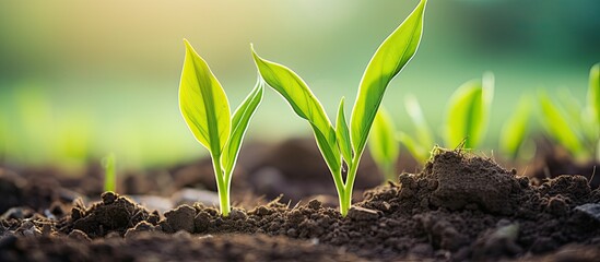Young corn plants sprouting from soil in closeup agricultural scene.