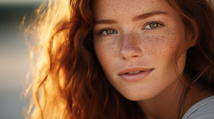 Lovely woman portrait, delicate freckles, soft sunlight, bright eyes, radiant smile, beauty essence