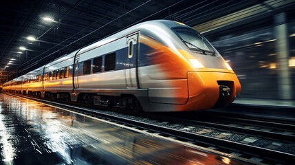 Motion blur shot, high-speed train, commercial, pouring rain, night, artificial illumination, wet tracks, speed, engineering precision