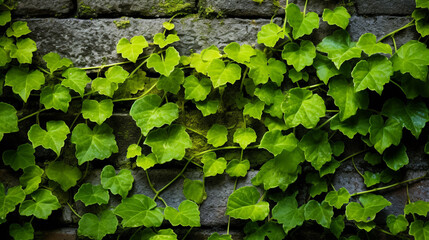 ivy leaves, aged moss-covered brick wall, realism, detail emphasis, vibrant green and aged texture contrast