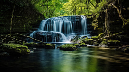 Long-exposure waterfall, dynamic range, motion-rich water, leafy forest, dramatic juxtaposition