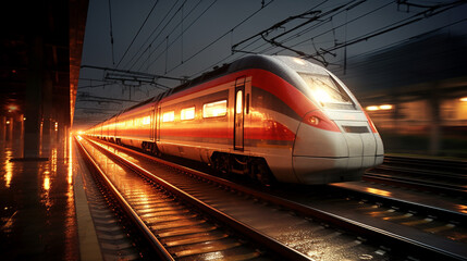 Motion blur shot, high-speed train, commercial, pouring rain, night, artificial illumination, wet tracks, speed, engineering precision