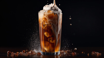 cold brew coffee pour, tall glass, cream vortex, ice cubes, contrast, gentle chaos, Jonny Wilson style, high speed s