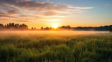 Open field at dawn, misty, dewy grass, sun peeking over horizon, serenity, freedom, natural colors, wide-angle - obrazy, fototapety, plakaty