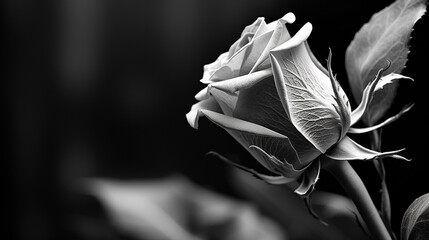 closed rose bud, black and white, macro lens, sharp petal detail, blurred background, quiet contemplative mood