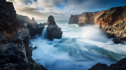 Powerful waves, jagged cliffs, raw strength, fluidity, light on froth and foam, dramatic overpowering nature, long-exposure