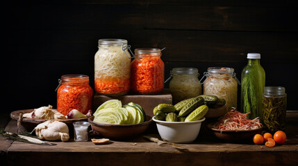 fermented foods, sauerkraut, kimchi, pickles, kombucha, rustic wooden table, color richness, texture, beneficial bacteria