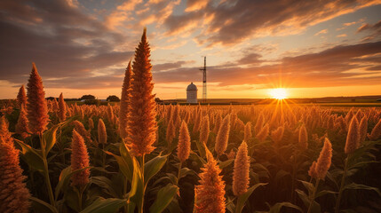 Sorghum field, late summer, cloud-lit dramatic sunset, amber tones, wooden windmill distance, fine-art landscape, textures, details, depth of field