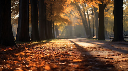 Romantic autumn park walk, leaves crinkling, light and shadow play, high contrast, serene lifestyle