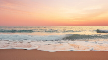 Sunset over ocean, golden and pink hues, soft waves reflection - obrazy, fototapety, plakaty