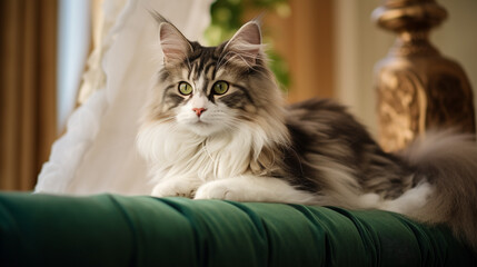Portrait, fluffy kitten, playful, emerald eyes, home environment, fur texture