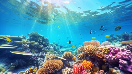 underwater scene, vibrant coral reef, diverse marine life, warm sunlight, hyper-realistic color grading,