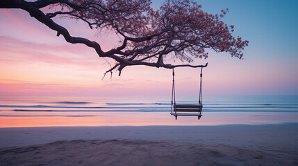 wooden swing, blossoming tree, sea breeze, soft pastel dawn sky, serene ocean, peace, longing