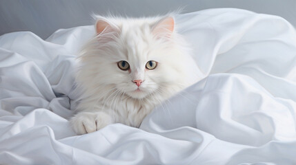 White cat on bed linen, light background