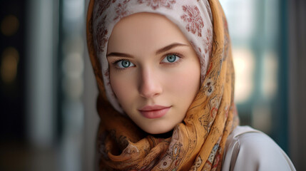 colorful hijab, expressive eyes, delicate natural light, serene face, shallow depth of field, tradition-modernity fusion
