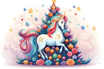 Colorful Christmas tree with a large unicorn on a white background. Xmas tree as a symbol of Christmas of the birth of the Savior.