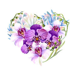 Bouquet of orchids in the form of a heart, pink and lilac flowers, branches with buds, delicate leaves. Isolated on white, for design and invitations