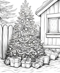Christmas tree with baubles chains, gifts in front of wooden house. Black and white card with coloring book.Christmas banner with space for your own content.