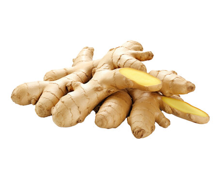 Fresh ginger rhizome sliced with an isolated white background