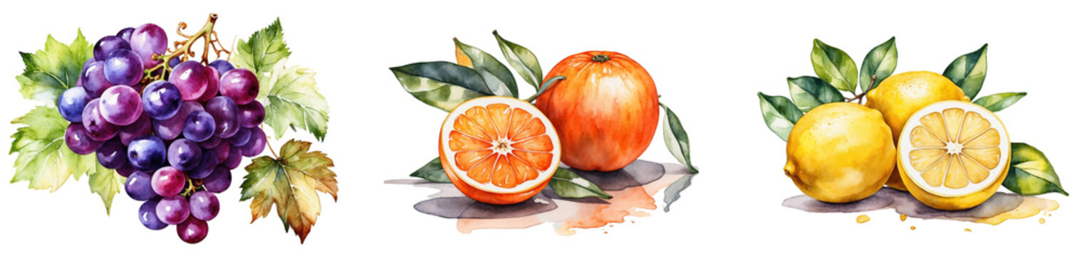 A collection of watercolor orange, lemon and grape in PNG format or on a transparent background. Decorations and watercolor-painted design elements for a project, banner, postcard, business.