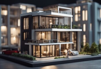 Modern generic contemporary style miniature section model of townhouse with blueprint elevations...