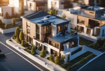 Modern generic contemporary style miniature section model of townhouse with blueprint elevations