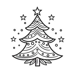 Simple Christmas tree with baubles and stars. Black and White coloring sheet. Xmas tree as a symbol of Christmas of the birth of the Savior.