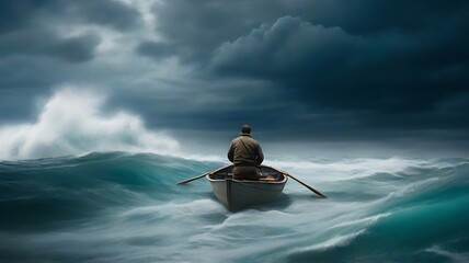 Book cover Lone man in rowboat on storming.