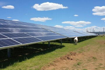 Modern farm, grazing goats and sheep under solar panel system