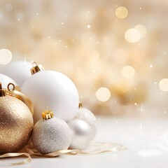 White and gold baubles elegantly arranged on the left side. Golden white bokeh effect in the background.Christmas banner with space for your own content.