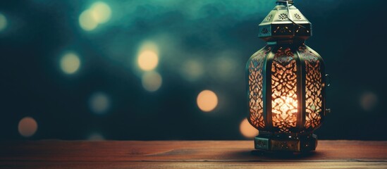 Vintage photo filter applied to Ramadan lantern and prayer beads.