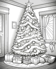 Home interior, Christmas tree and presents. Black and White coloring sheet. Xmas tree as a symbol of Christmas of the birth of the Savior.