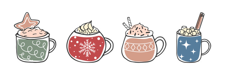 Set of Cups with Hot delicious Drinks. Line drawn mugs with chocolate, Coffee, cocoa and cream. Doodle winter Seasonal elements for design Isolated on white. Cozy Hand drawn illustration