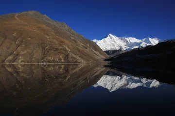 Papier Peint photo autocollant Cho Oyu Gokyo Ri and snow covered mountain Cho Oyo mirroring in in lake Dudh Pokhari, Gokyo, Nepal.
