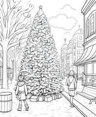 Christmas tree in the center of the city people walking by. Black and white coloring sheet. Xmas tree as a symbol of Christmas of the birth of the Savior.
