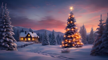A winter landscape at dawn, a Christmas tree with lights and a wooden house in the distance.Christmas banner with space for your own content.