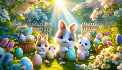 Enchanted Easter Bunnies with Eggs in Magical Garden, Whimsical Spring Scene