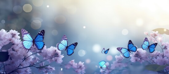 Fototapeta na wymiar Nature's blooming with blue butterflies.