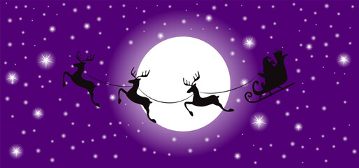 Naklejka premium Christmas and new year reindeer with santa claus on a sleign. Moon, snowflakes, houses and christmas trees background. Vector illustration.