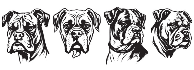 Boxer dogs heads, vector black illustration, silhouette image of animal, laser cutting - obrazy, fototapety, plakaty