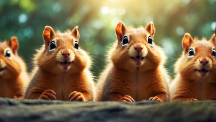 Fotobehang Many cute fluffy creative squirrels in nature in the forest © tanya78