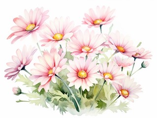 Minimalistic Watercolor Meadow with White and Pink Spring Daisy Flowers AI Generated