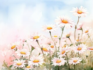 Minimalistic Watercolor Illustration of Meadow with White and Pink Spring Daisy Flowers AI Generated