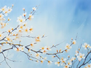 Minimalistic Watercolor Illustration of Flowering Apricot Branches on Blue Background AI Generated