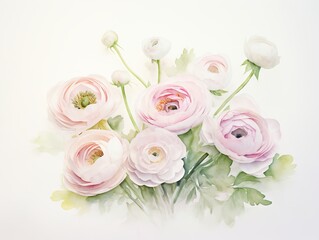Obraz na płótnie Canvas Minimalistic Superb Watercolor Illustration of Pink and White Ranunculus Flowers AI Generated