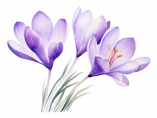 Minimalistic Superb Watercolor Illustration of Purple Crocus Flowers AI Generated