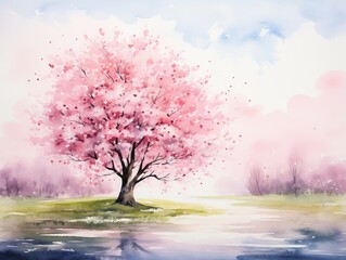 Fototapeta na wymiar Minimalistic Superb Watercolor Illustration of a Spring Border or Background Art with Pink Blossom AI Generated